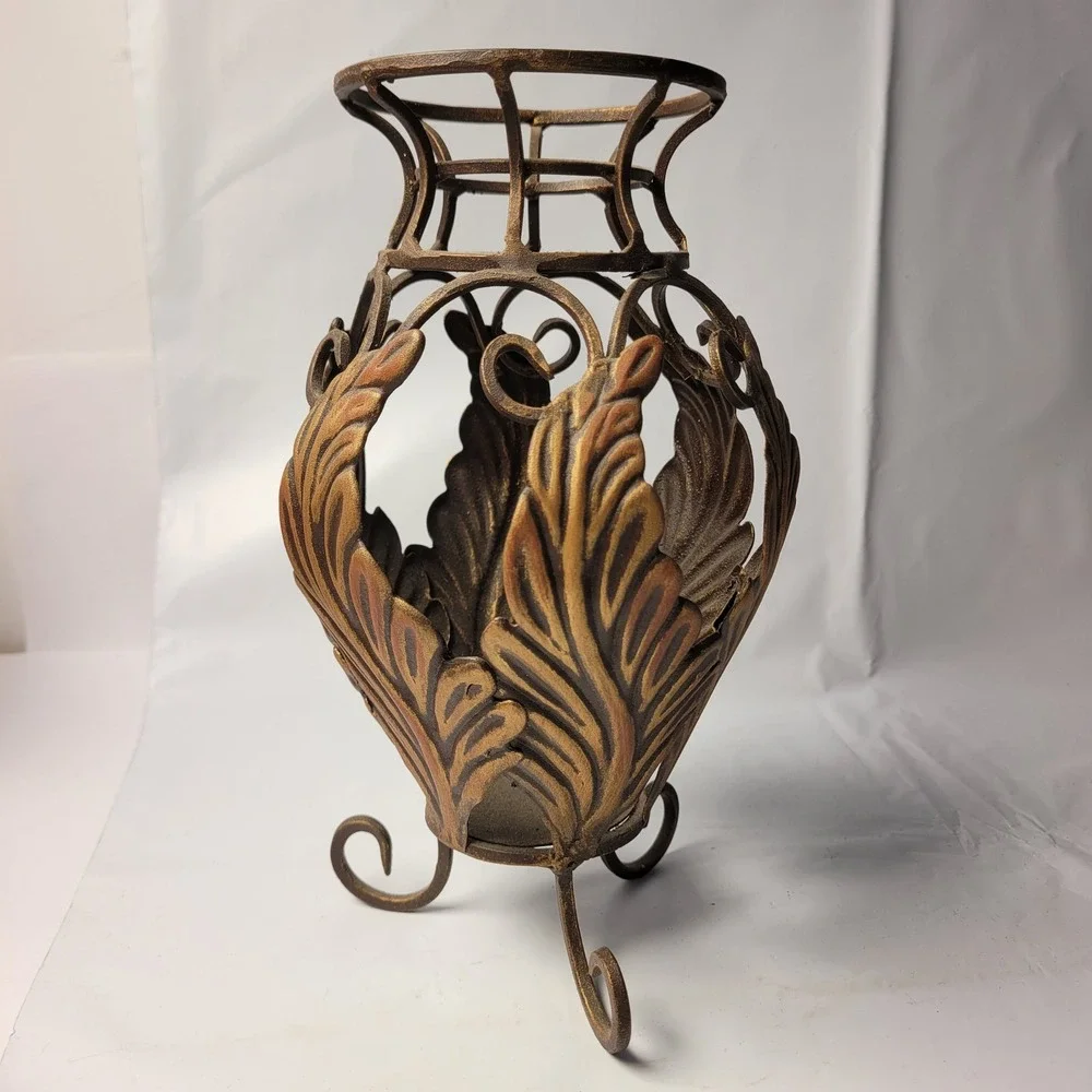 Metal Pillar Candle Holder‎ Bronze Look Steel Acanthus Leaf Scroll Footed 9in